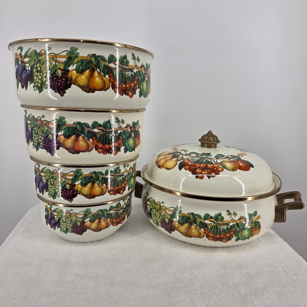 VTG Tabletops Unlimited Essence Fruit Enamelware Nesting Bowls & Pot Set 5pc